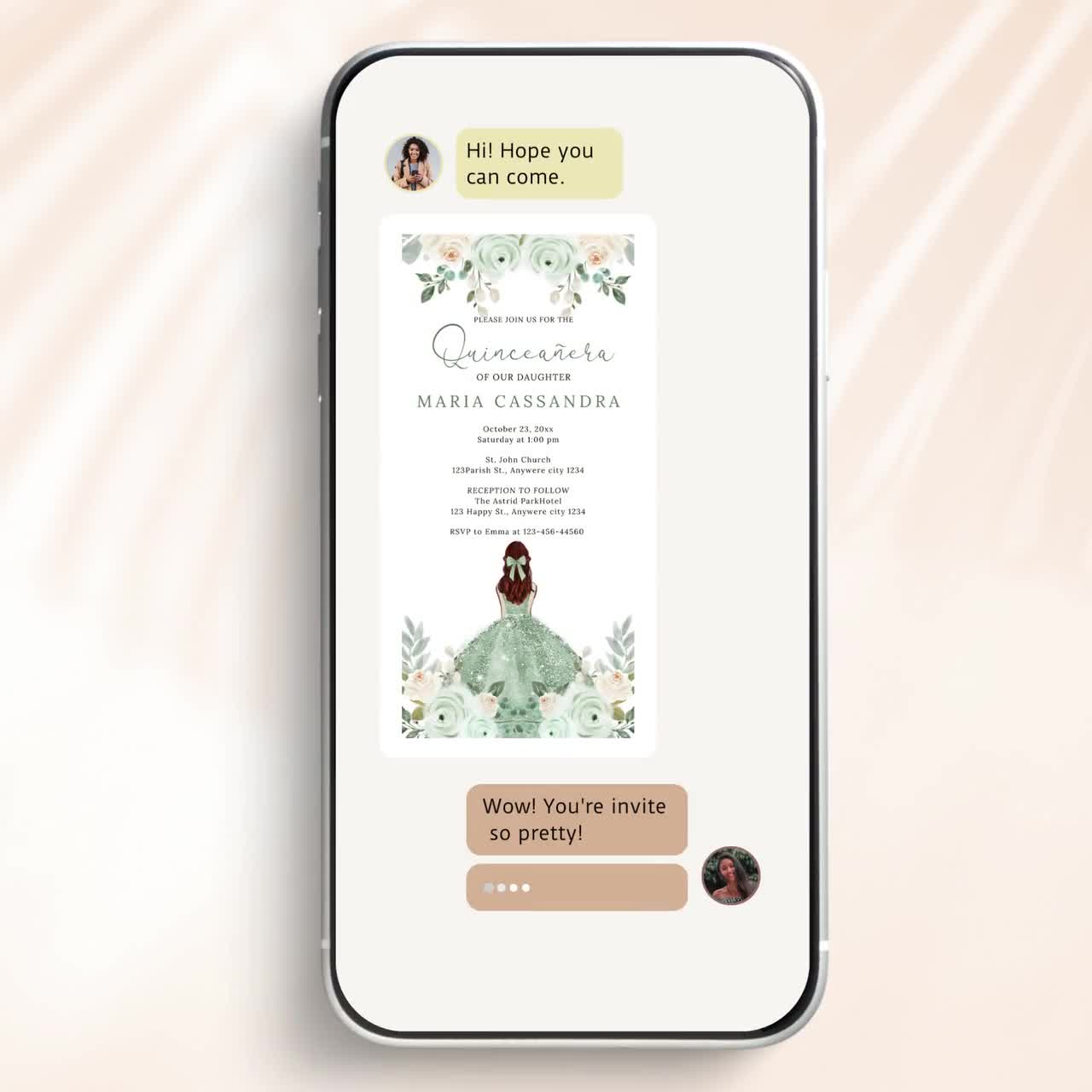 Quinceanera Electronic Invitation, Sage quinceanera Evite, Sage Floral  Digital Invitation, Editable Canva Invitation, Evite Template, Text