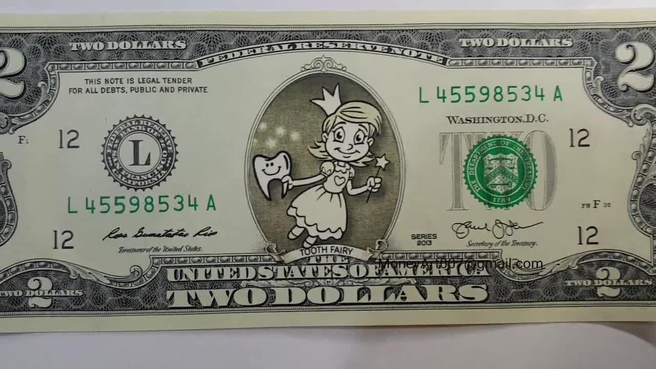 TOOTH FAIRY on a Real TWO Dollar Bill Great for Under the Pillow Cash Money  Bank Note 