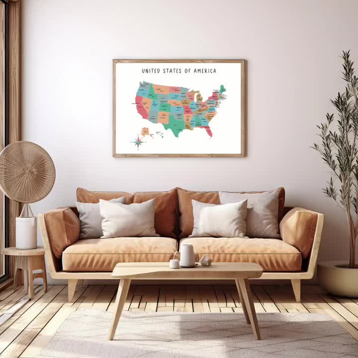 アメリカ合衆国地図、学校用アメリカ地図ウォールアート、教育ポスター