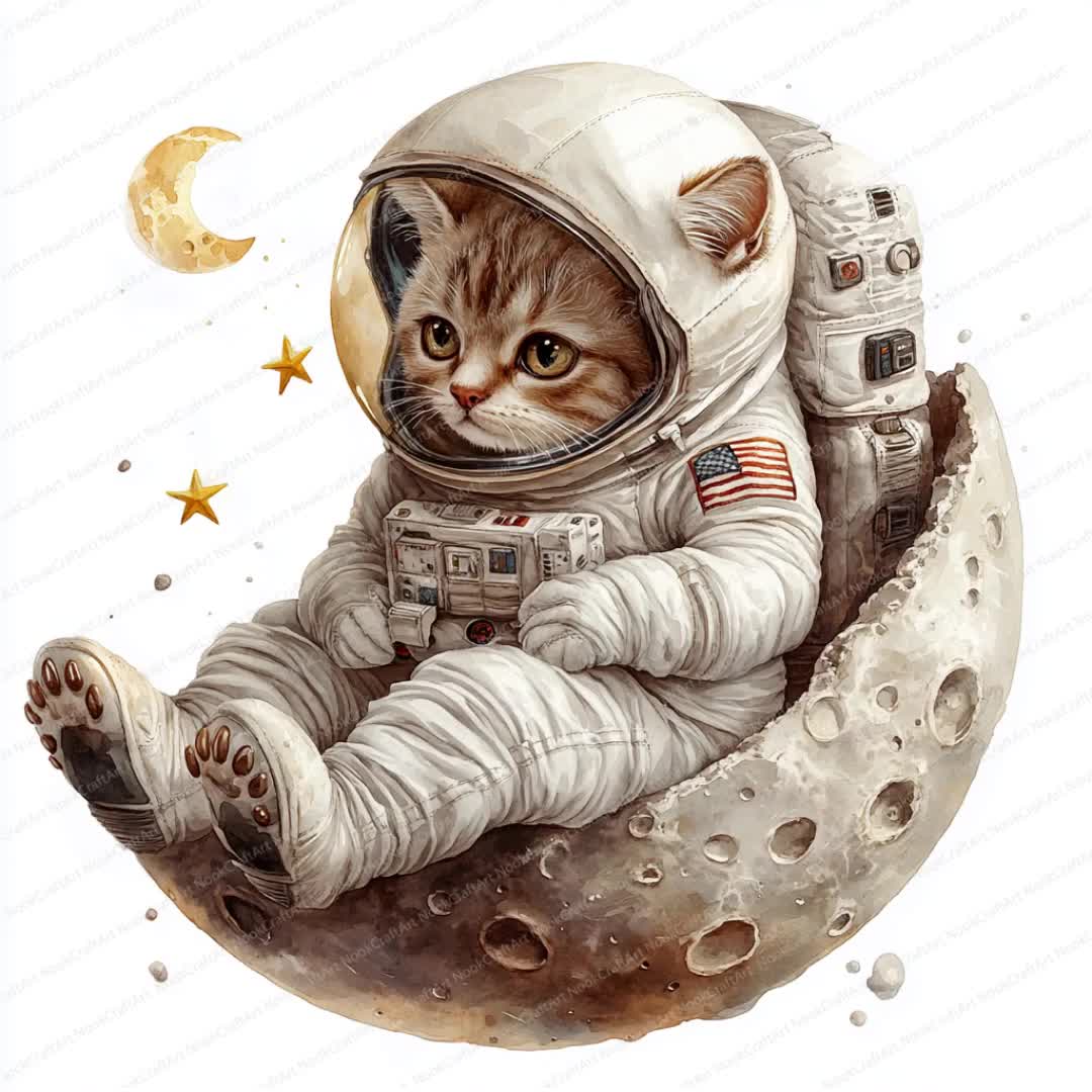 月にいる宇宙飛行士の猫のクリップアート 24 枚 | 宇宙をテーマにした