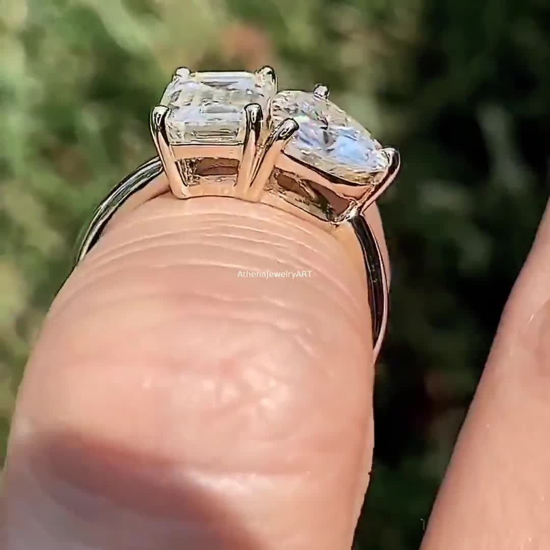 Two Stone Ring,Double Moissanite Engagement Ring, Heart Diamond Modern Gold  Engagement Ring For Her.