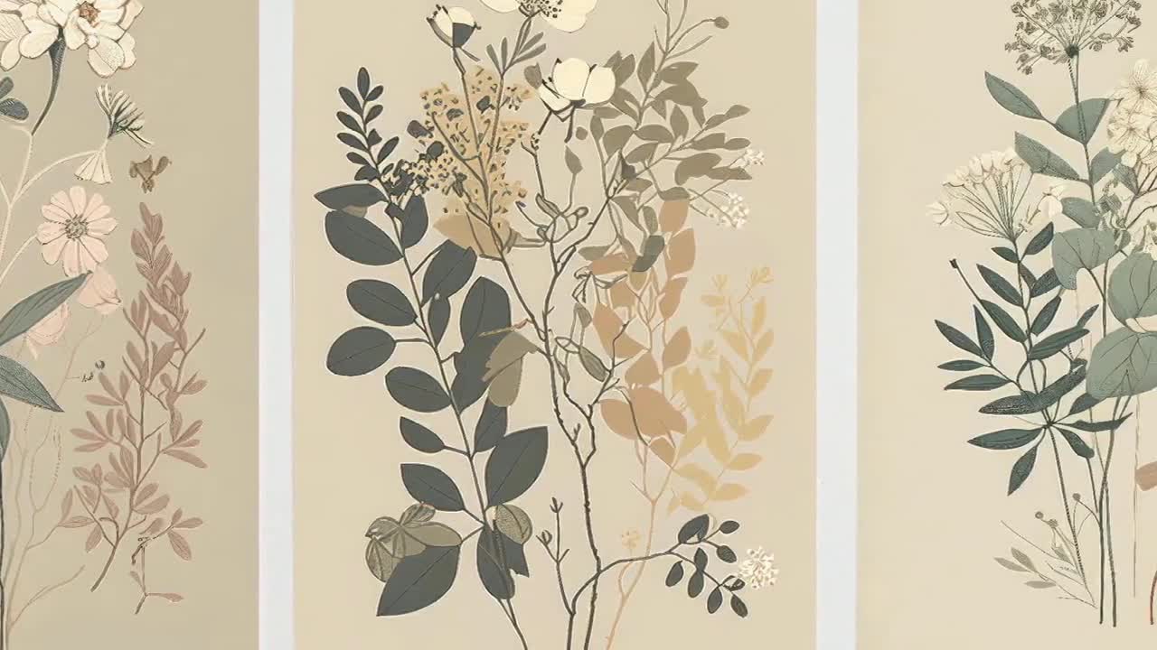 ヴィンテージフラワープリント3枚セット - 花柄植物3点セット - 絵画