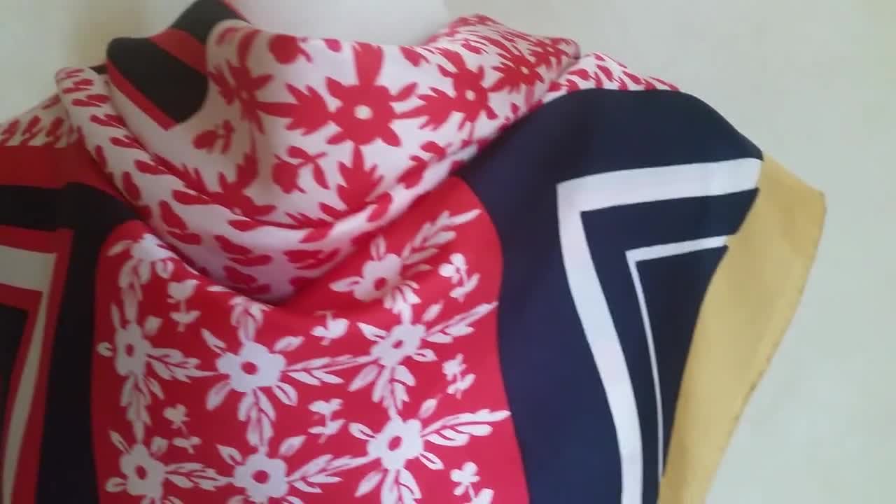 Vintage Quilt Design French Silk Scarf of geometric and floral design in red white and blue with gold border. Boho chic fun style fashion
