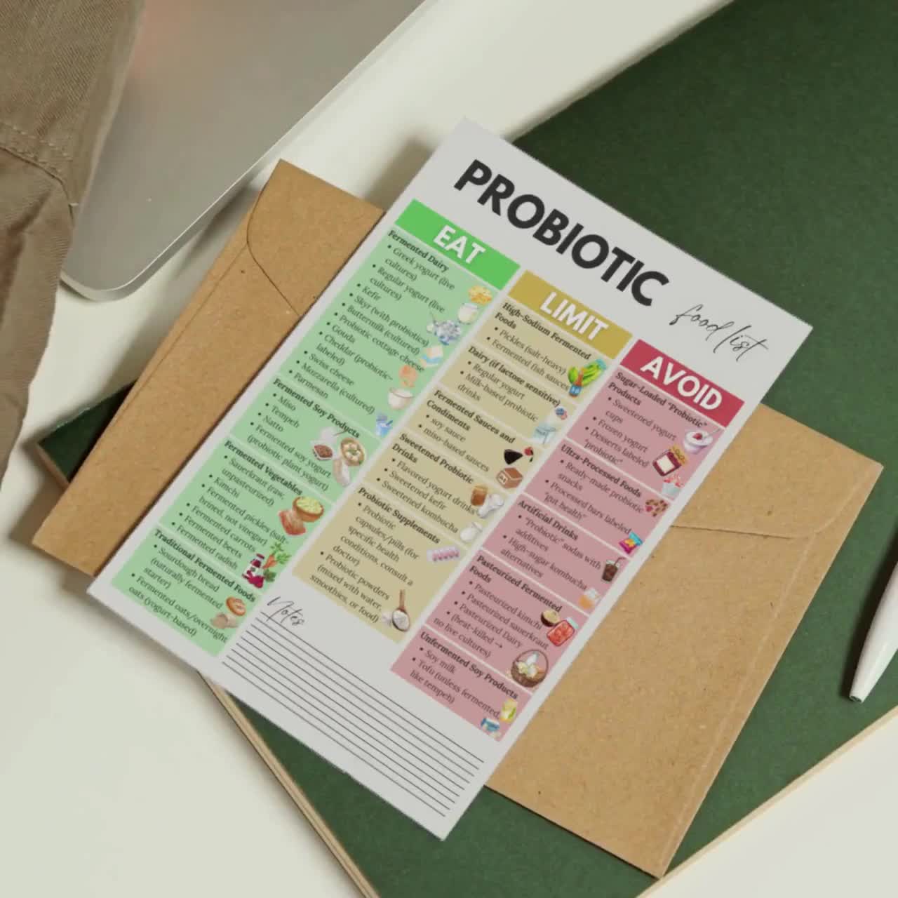 Lista de alimentos probióticos, lista de alimentos fermentados, alimentos beneficiosos para el intestino, tabla de dieta probiótica, límites de consumo, PDF imprimible de probióticos video poster