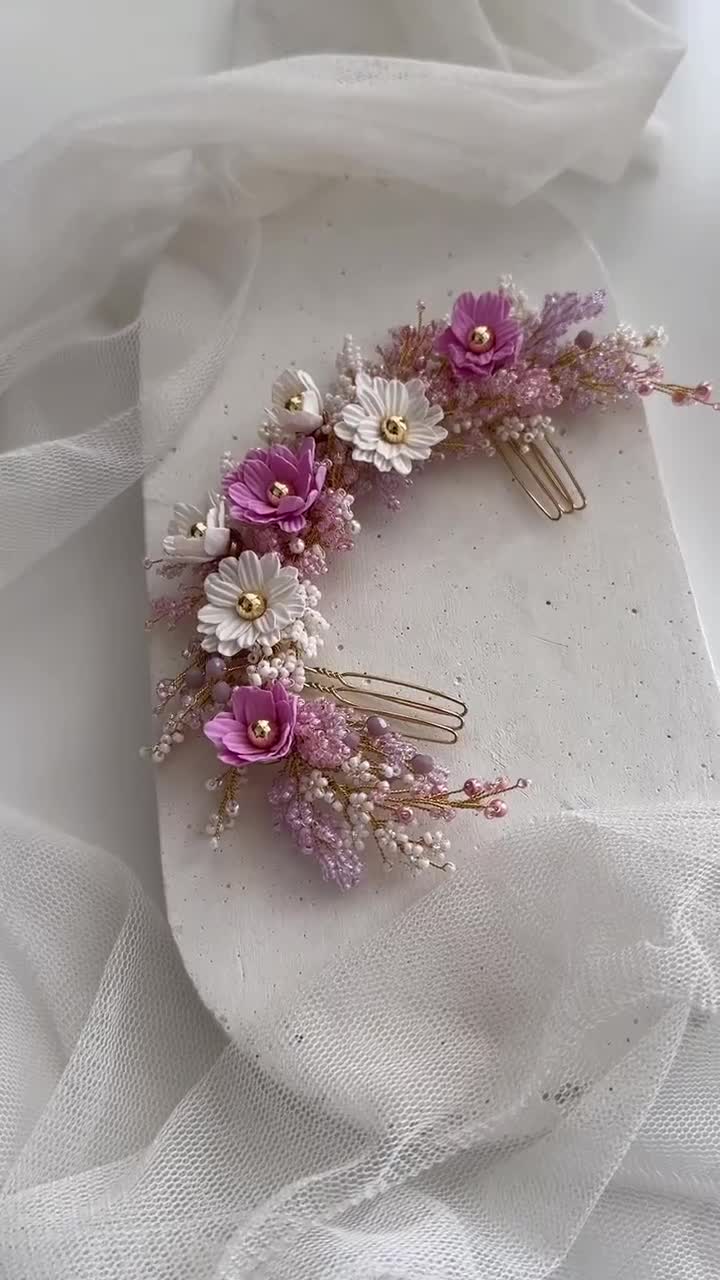 White Baby Breath Bride Headpiece, Bridal Hairpiece Pink Baby