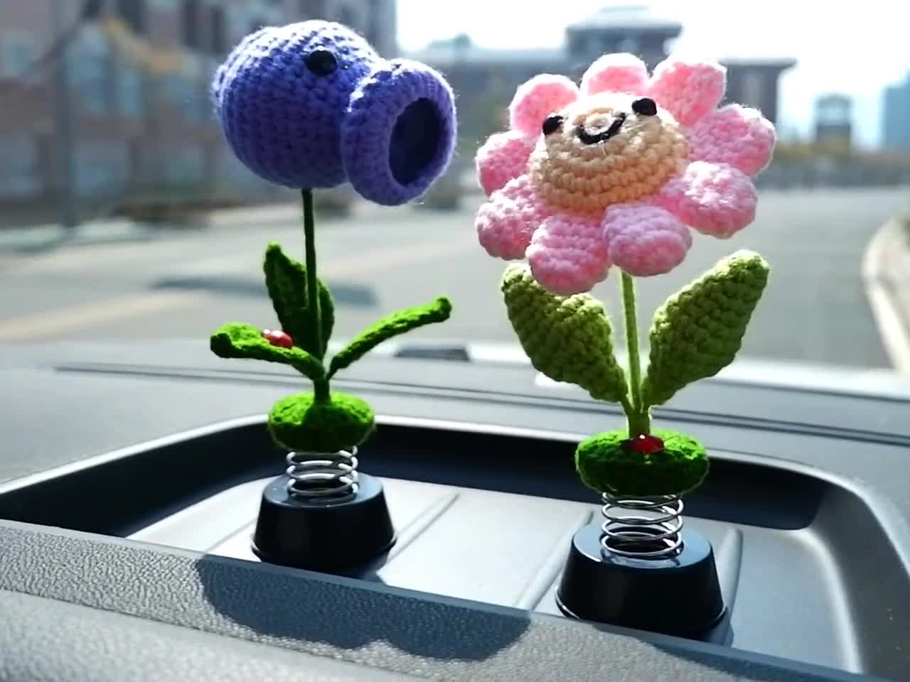 Crochet Pea Shooter Bobblehead Car Accessories, Car Plant Dashboard Decor, Cute  Car Interior Accessory for Women/teens, Car Air Freshener 