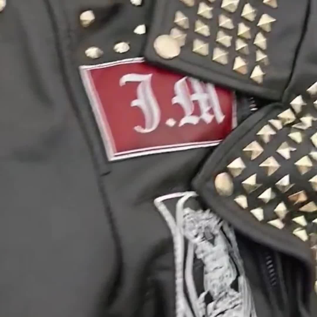 Gothic Studded Punk Leather Jacket | Black Red Anarchy Symbol Art