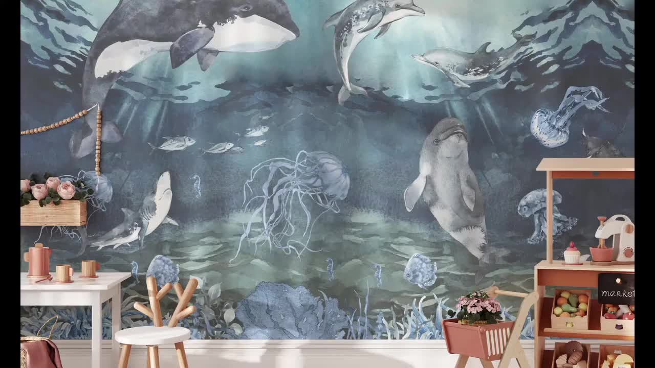 Papel tapiz de vida marina, papel tapiz de océano, papel tapiz de mundo  marino, papel tapiz de delfines, papel tapiz de orcas, papel tapiz de  tiburones, decoración de pared náutica, - Etsy, image size:1280x720