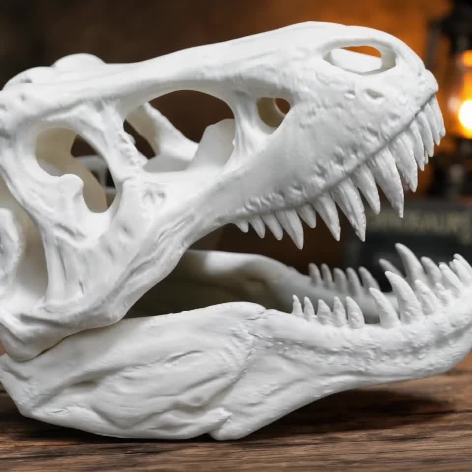 リアルなT-Rexの頭蓋骨レプリカ - 3Dプリントされた先史時代の本棚の