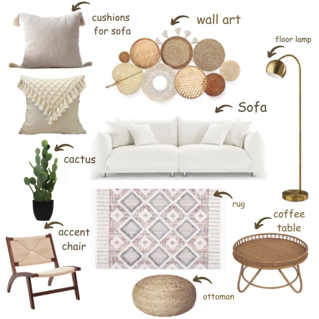 Interior design mood board of a bohemian living room with a clickable  shopping list