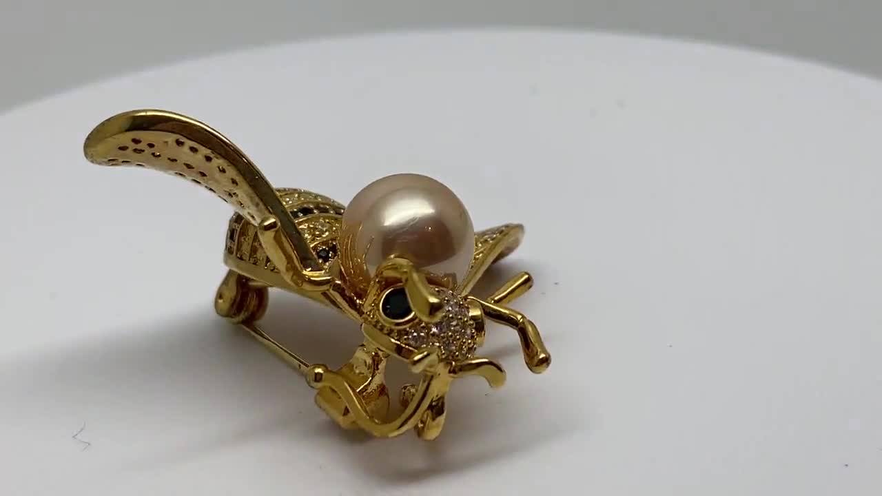 Broche Ancienne Cabochon Doré Strass - Épingle à Guêpe/mouche Avec Perle Goutte D'eau - Occasion