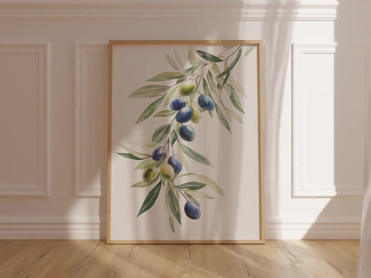 植物画　額入り ハーブ オリーブ イタリア 水彩画 オリーブの実 オリーブの枝のプリント オリーブの木の水彩画 キッチンの壁 水彩
