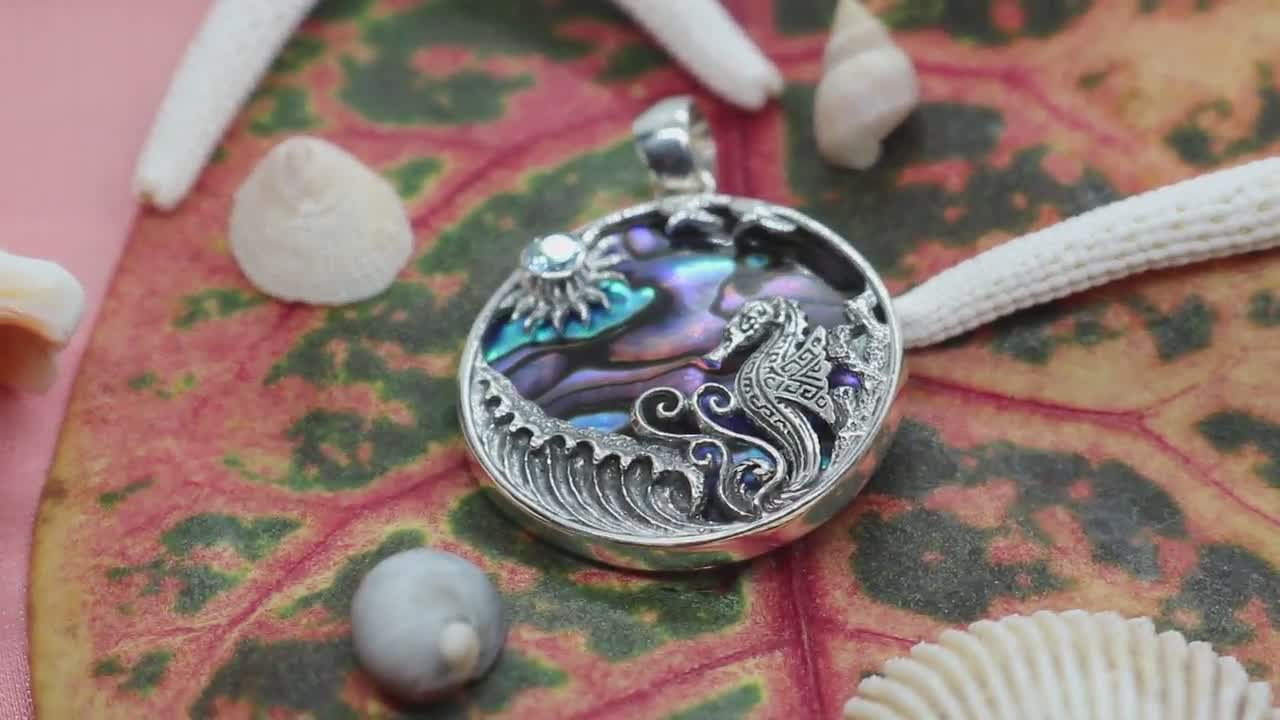 Seahorse Wave Necklace Pendant Blue Topaz Paua Abalone 