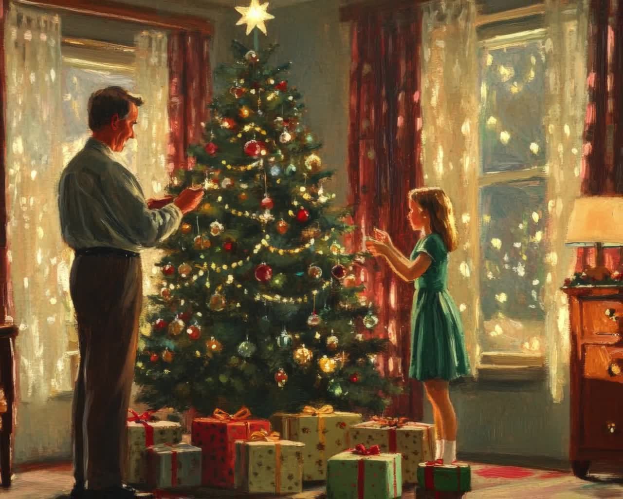 古いクリスマスシーンのフレーム付きテレビアート：ヴィンテージツリー