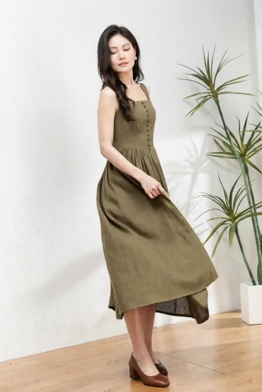 Sleeveless Linen Pinafore Dress, Square Neck Button Maxi Dress for Women,  Army green dress, Swing linen dress, Summer dress, ylistyle C4763