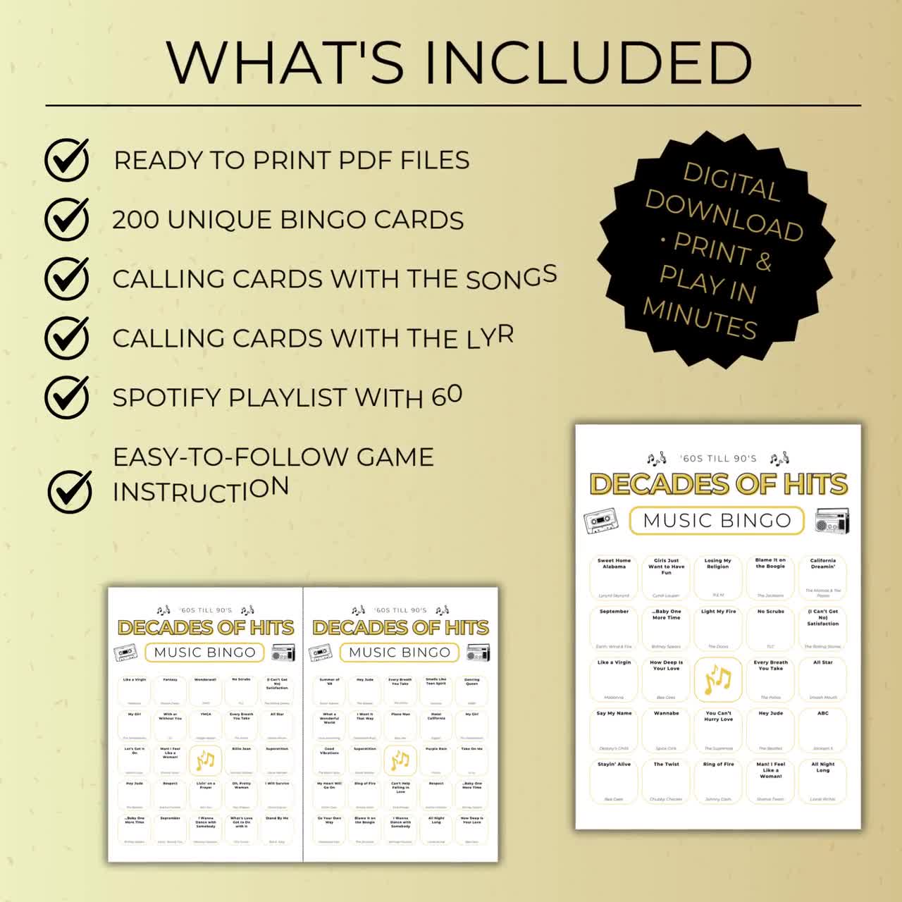 Decades of Hits Music Bingo, Fun Printable Game with 200 Cards, 60s 70s 80s 90s Playlist for Parties and Gatherings video poster