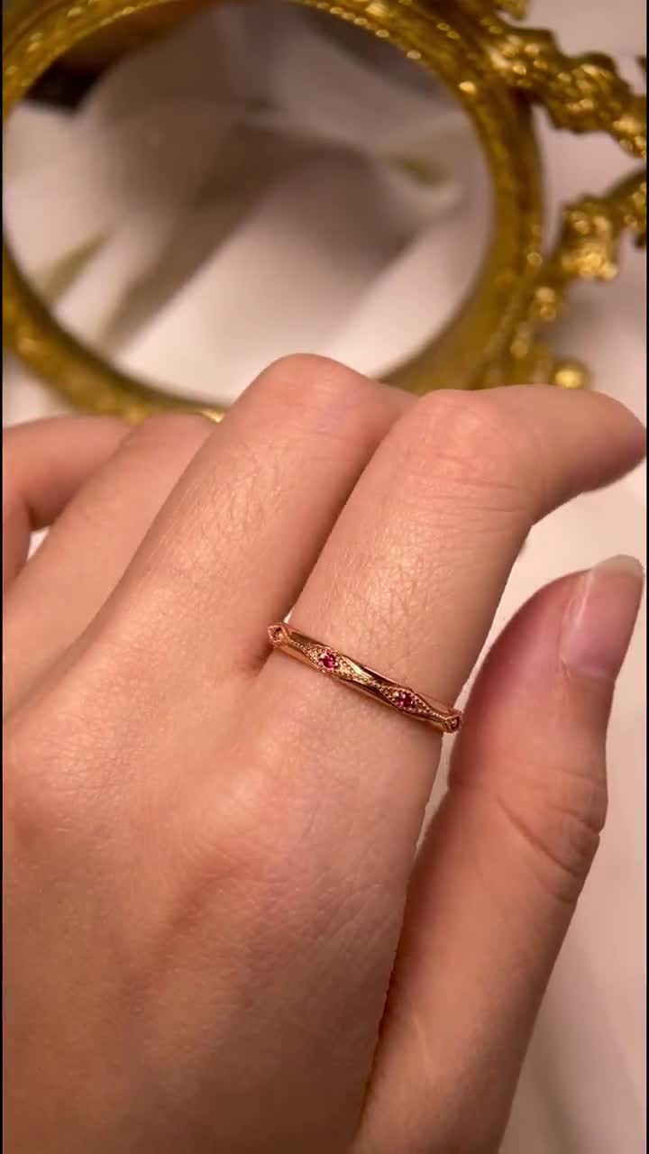 Vintage Diamond Wedding Band, Solid Gold, Unique Milgrain Band, Stackable Matching Anniversary Ring for Women video poster