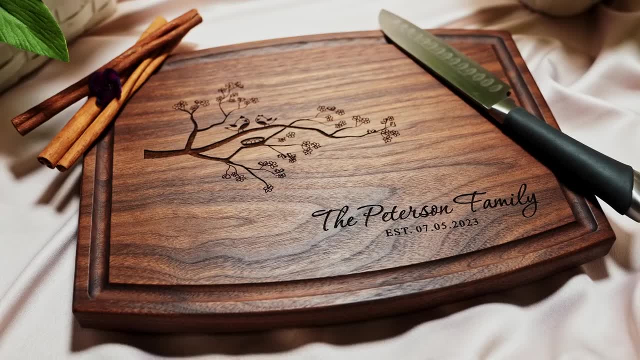 Personalized Cutting Board, Custom Anniversary, Baby Shower or Family Gift  Idea, Wood Engraved Charcuterie, for Couples and Parents, Lovebirds Tree