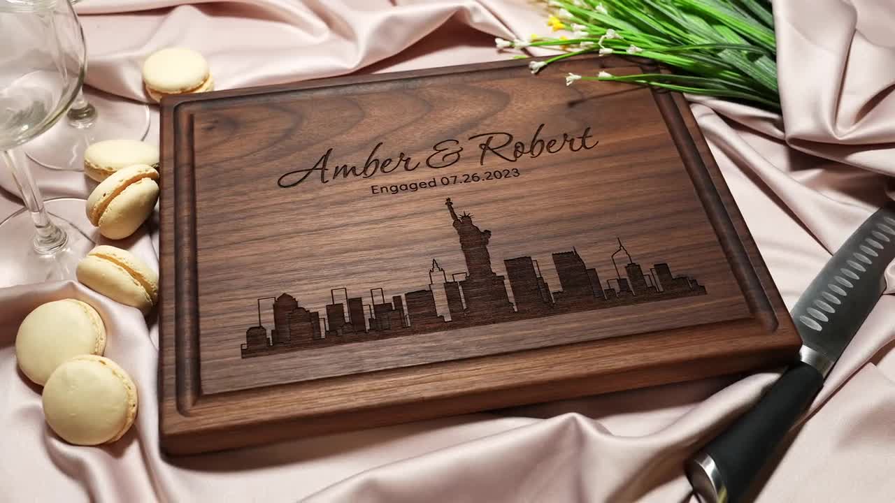 Personalized, Engraved Cutting Board with Modern City Skyline Design for  Housewarming or Wedding Gift #050