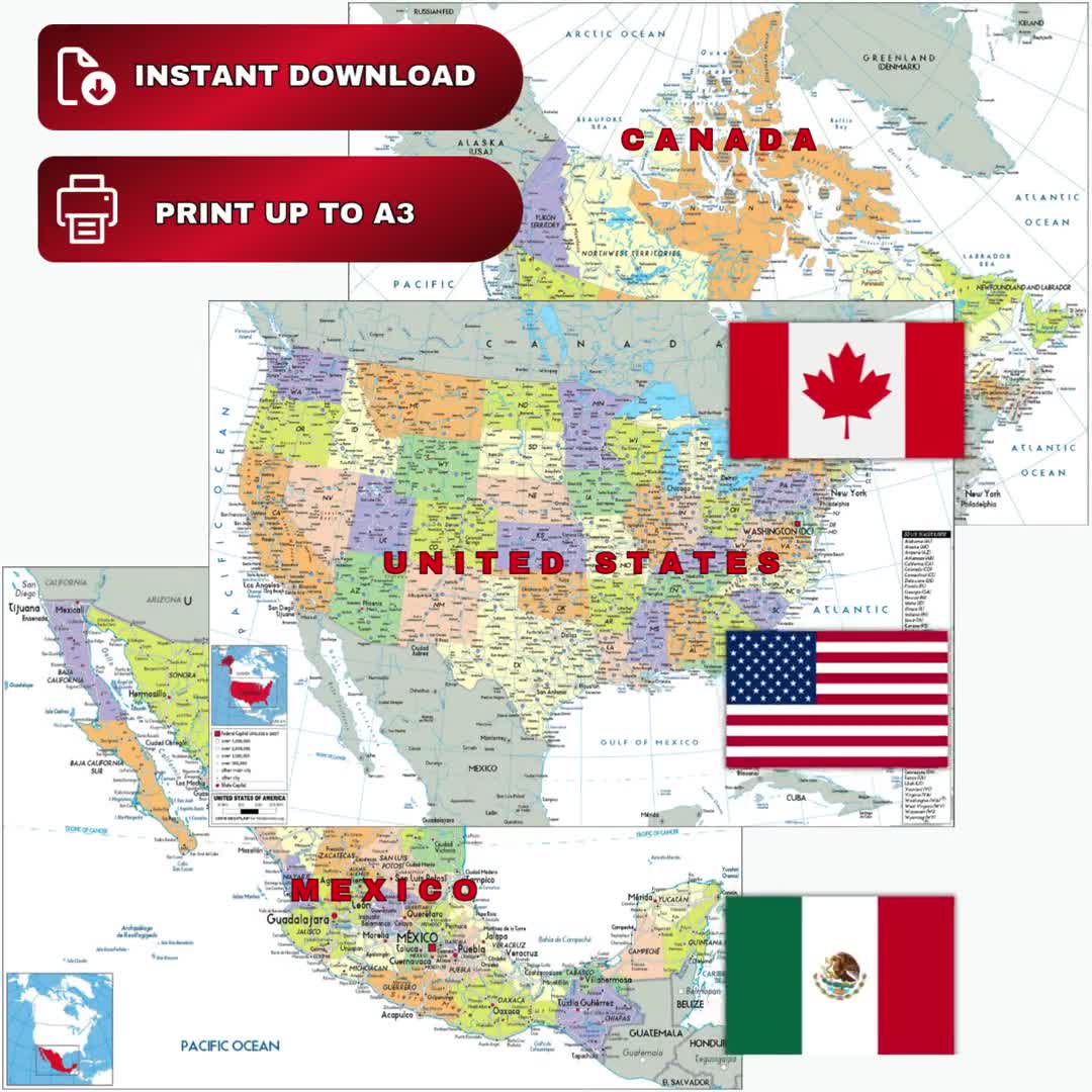 印刷可能な北米地図セット A3 デジタルダウンロード 米国、カナダ