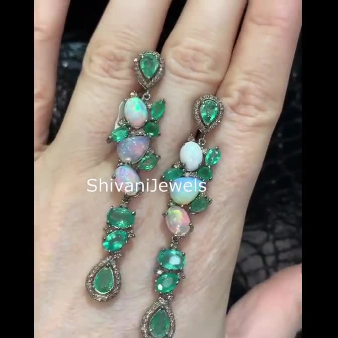追加画像 天然エメラルド＆ファイアオパール宝石ダングルイヤリング、パヴェ
