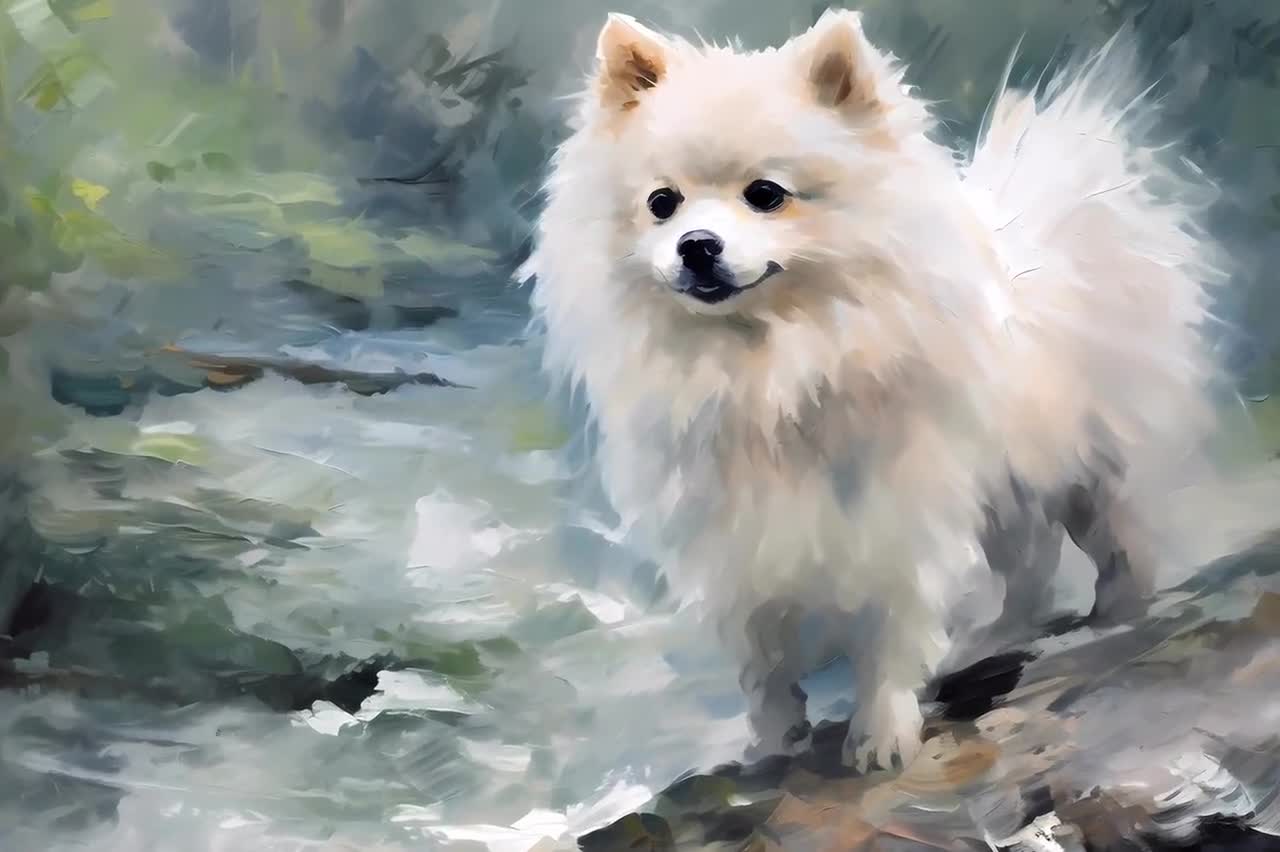 ポメラニアン犬の印象派絵画：動物の壁アート（デジタルダウンロード