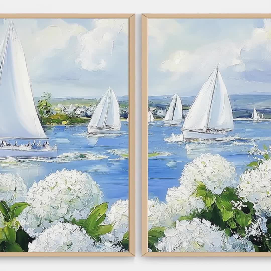 Coastal Sailboats & Hydrangeas Print Set: Nautical Wall Art