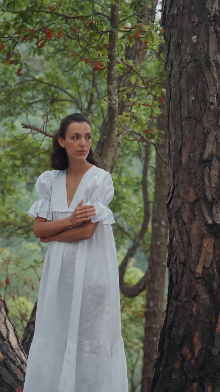 White Linen Maxi Dress - Empire Waist, Ruffle Sleeves White Linen Maxi Dress - Empire Waist, Ruffle Sleeves