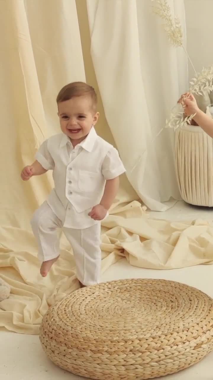 Ensemble Bébé Garçon Coton Lin - Chemise Boutonnée Manches Longues + Pantalon Printemps Été