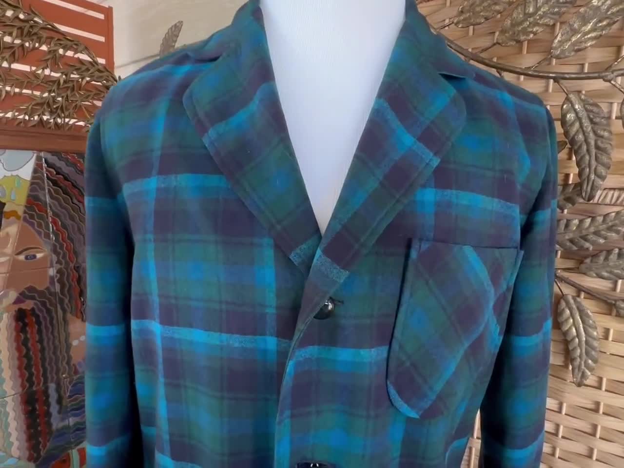 Chaqueta deportiva de lana Pendleton con cuadros Shadow vintage, botones de cuero trenzado, bolsillos de parche al bies, estilo Don Draper preppy, talla S/M video poster