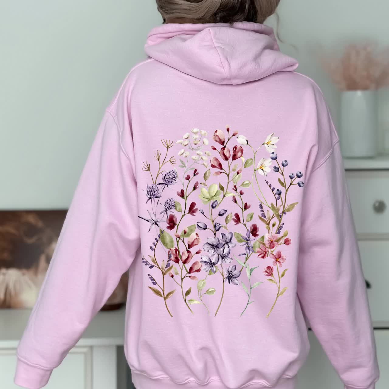 Retro Floral Hoodie, Oversized Sweatshirt, Word on Back