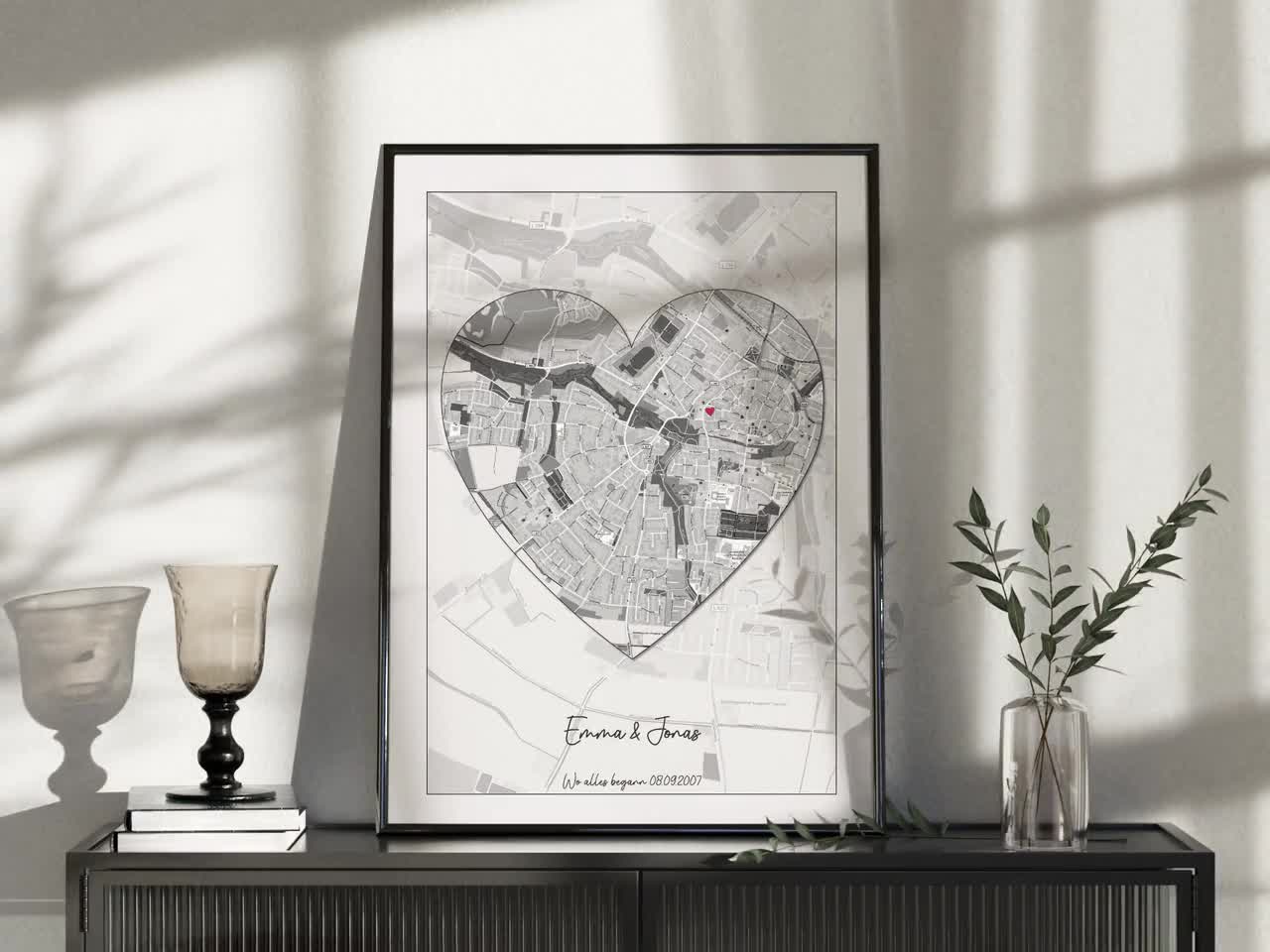 Personalized city map as a heart | Picture gift partner/husband, city map | Wedding anniversary poster with choice of size and frame video poster