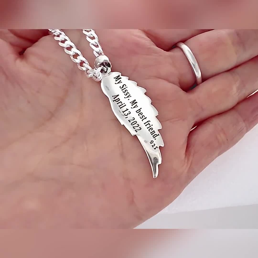925 Solid Sterling silver Engraved Wing Necklace. Laser engraving  Customized Wing. Angel Watching Over. Realistic detail. Choose Italy Chain