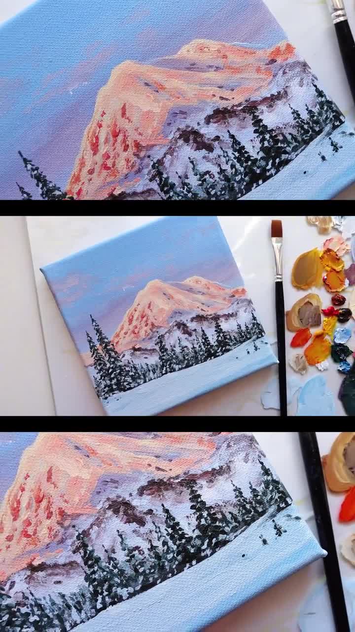 小さなキャンバスに描かれた冬の風景のオリジナルアクリル画 | 雪山と