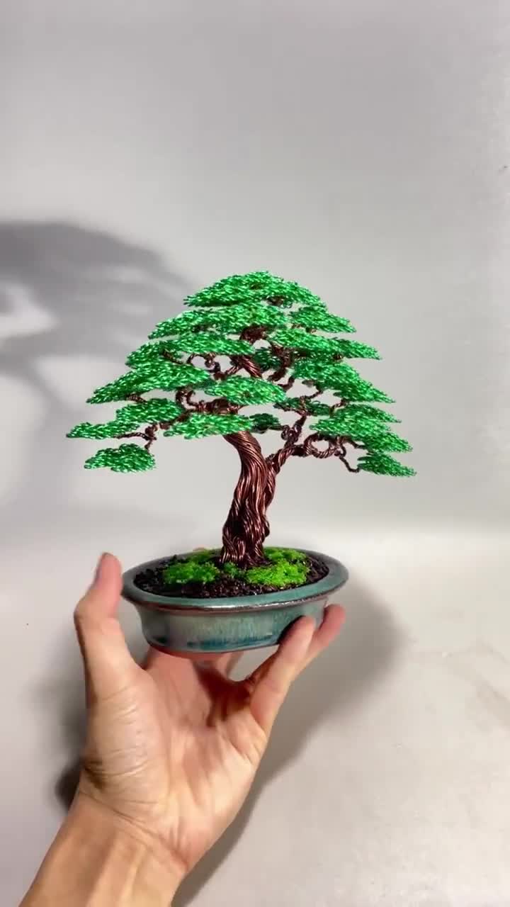 ワイヤー盆栽アート 緑色の葉 緑の葉が付いたワイヤー盆栽、盆栽、ホームデコ、ワイヤーツリーの彫刻
