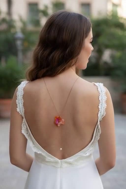 Backless necklace with fuchsia, orange and powder pink flowers - boho and colorful wedding jewelry. Backless necklace with fuchsia, orange and powder pink flowers - boho and colorful wedding jewelry.