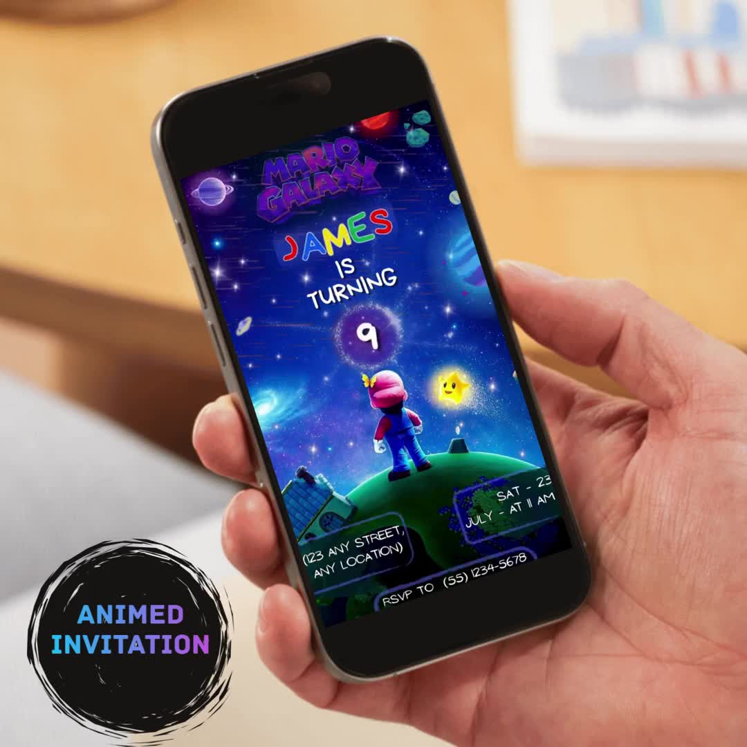 Inbjudan till födelsedag med Super Mario Galaxy-tema, himmelsblå, redigerbar Canva-mall (5 x 7 tum), Mario och planeter, animerad inbjudan, bros. video poster