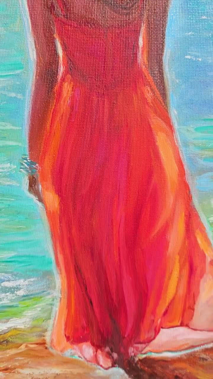 Painting on Commission. Seascape. Original Oil Painting: Woman in Red  Dress. Landscape, Beach, Portrait