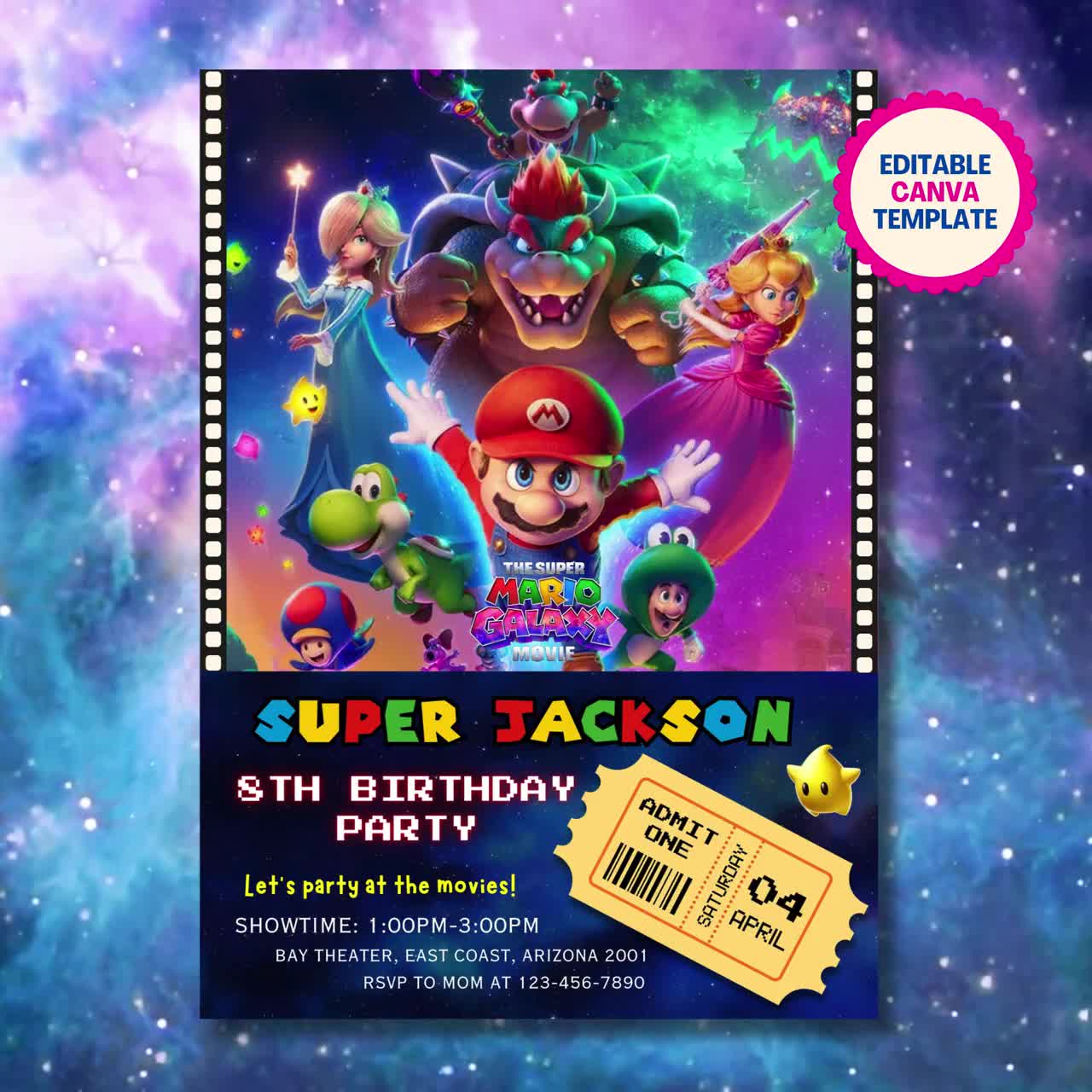 Invitación de cumpleaños editable con diseño de boleto de película de Mario Galaxy, invitación para fiesta de Super Mario Galaxy, boleto de la película Mario Galaxy 2026, invitación imprimible video poster