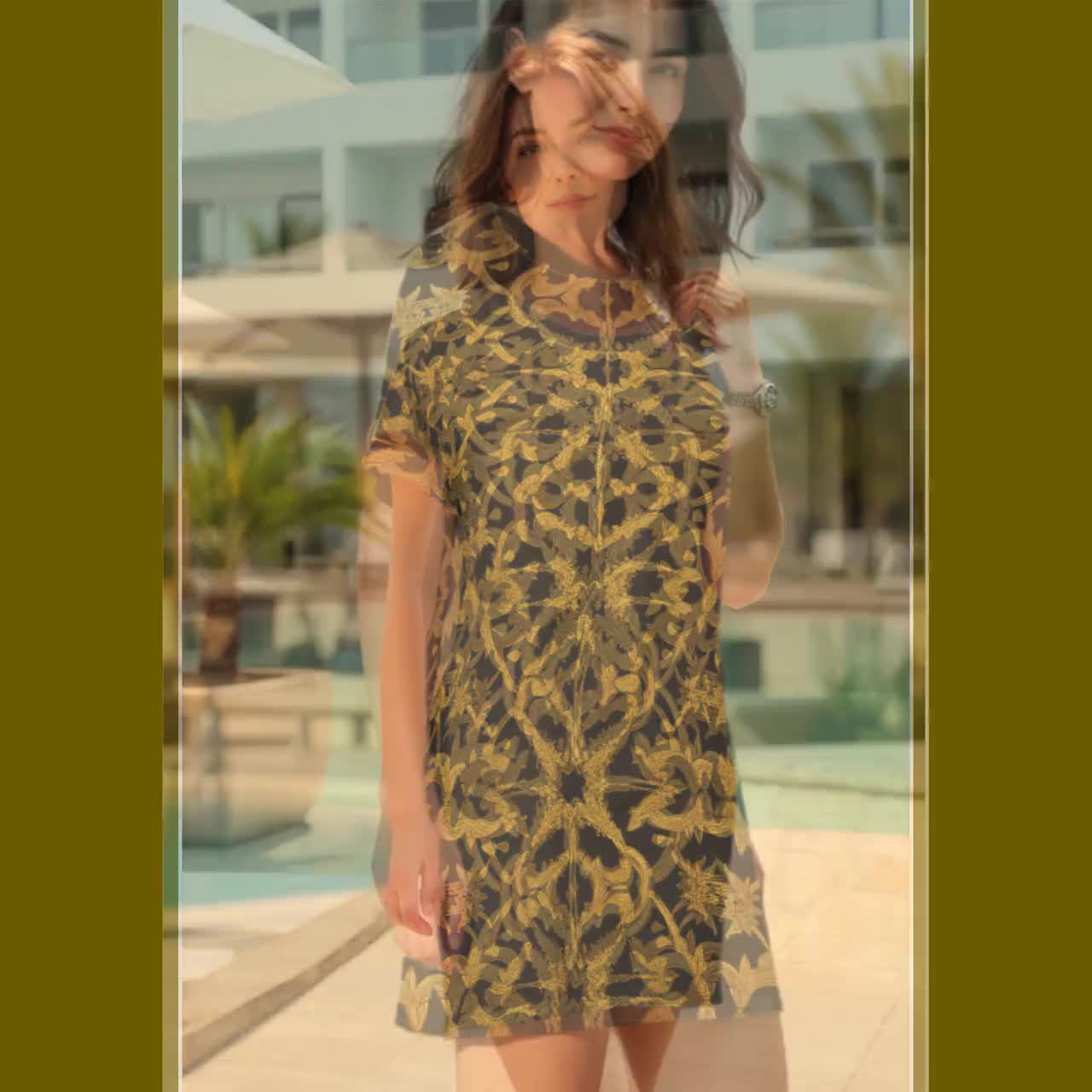 Women's Black and Gold Pattern T-Shirt Skirt Dress, Women's Black and Gold Pattern T-Shirt Skirt Dress,