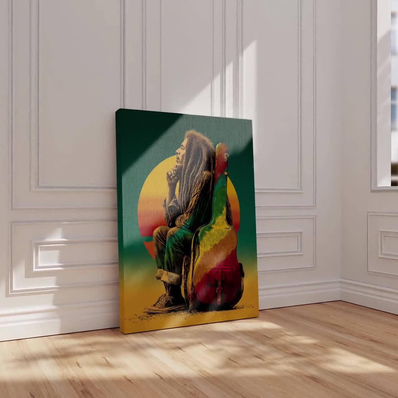 Reggae Sunset Kunstdruck mit Gitarrenkoffer - Musik-Wanddekor, gedruckt und versandt 450 video poster
