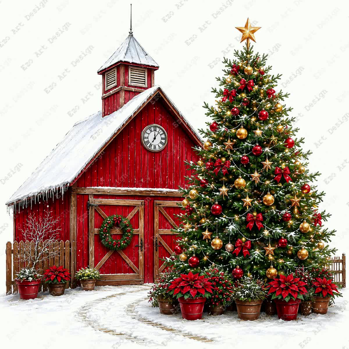 Christmas Farm Clipart, Red Barn Snow Tree Holiday Design, Winter