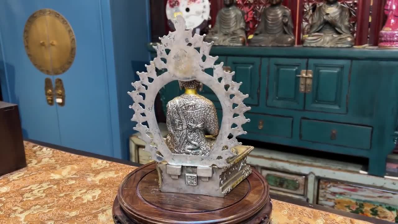 Distressed Pewter Copper Color Metal Sitting Shakyamuni