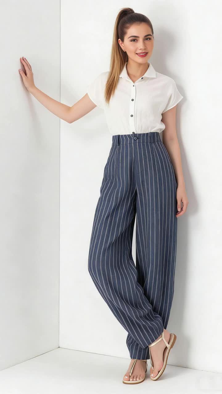 Striped Linen Wide Leg Pants, Womens Baggy Summer Trousers