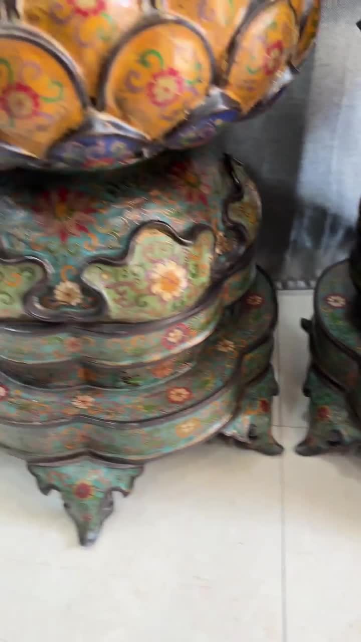 アンティーク七宝焼きフードッグ香炉: 銅エナメルガーディアンライオン