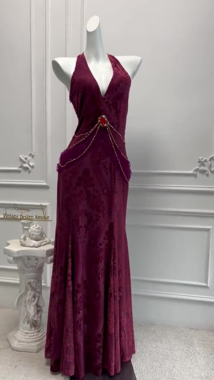 Vintage inspired velvet silk Burgundy red prom dress