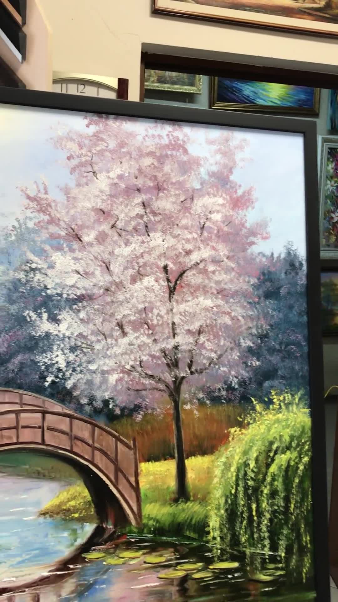 モネの睡蓮の油絵 オリジナル桜アート 日本庭園の絵画 睡蓮の池に