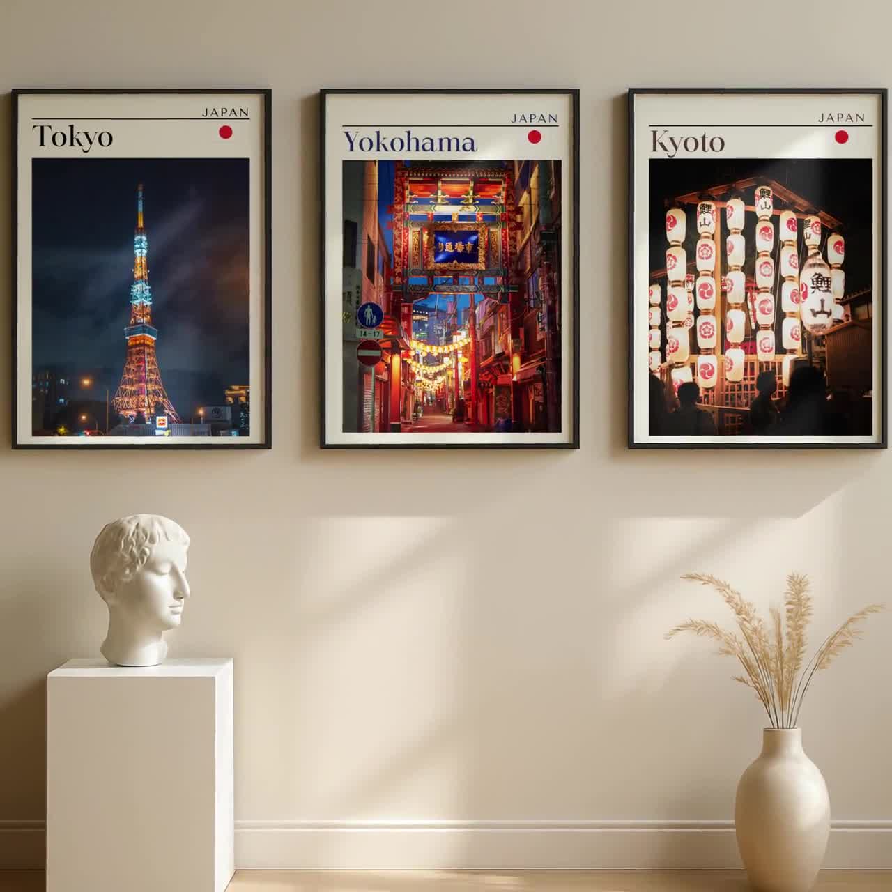 Japan Wall Art Set of 3, Tokyo Kyoto Yokohama Prints, Japanese City Poster Collection, Travel Photography Decor, Digital Download video poster