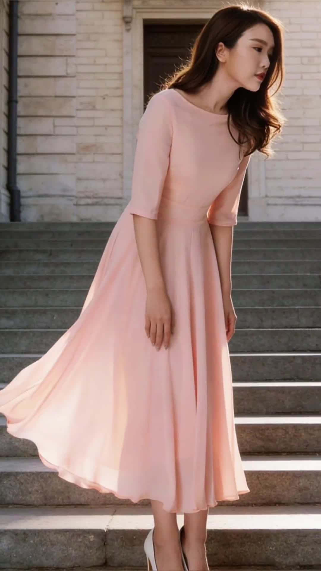 Blush Pink Chiffon maxi Dress for women, Bridesmaid Dress with Sleeves, Fit and Flare Summer Wedding Guest Dress, Long Prom Gown 1524# Blush Pink Chiffon maxi Dress for women, Bridesmaid Dress with Sleeves, Fit and Flare Summer Wedding Guest Dress, Long Prom Gown 1524#