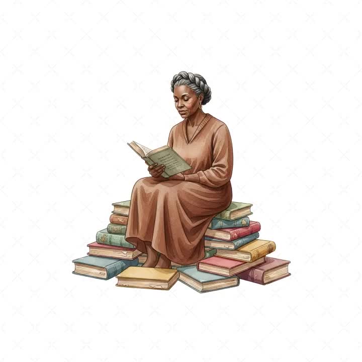 Black Mature Book Lover Clipart, 20 Senior African American Woman Reading PNG, Elderly Grandma, Sitting on Stack, Wisdom, Retirement Gift video poster